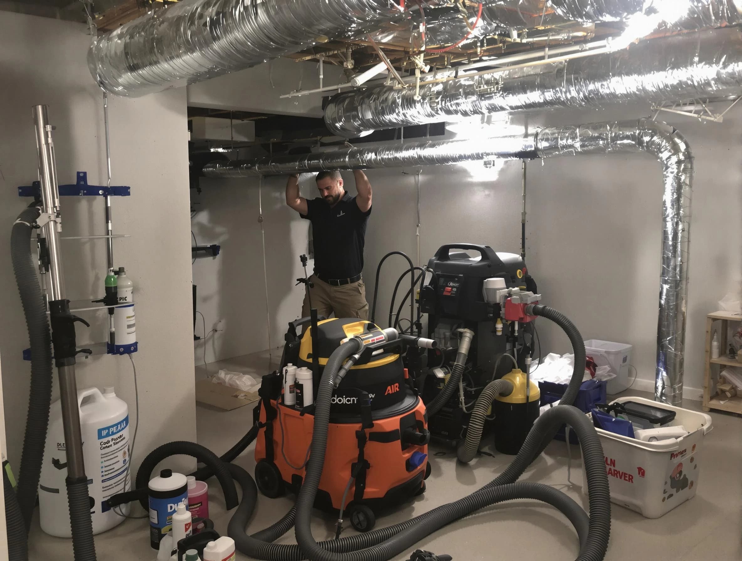 San Bernardino Air Duct Cleaning specialist performing professional mold removal from air ducts using safety equipment in San Bernardino