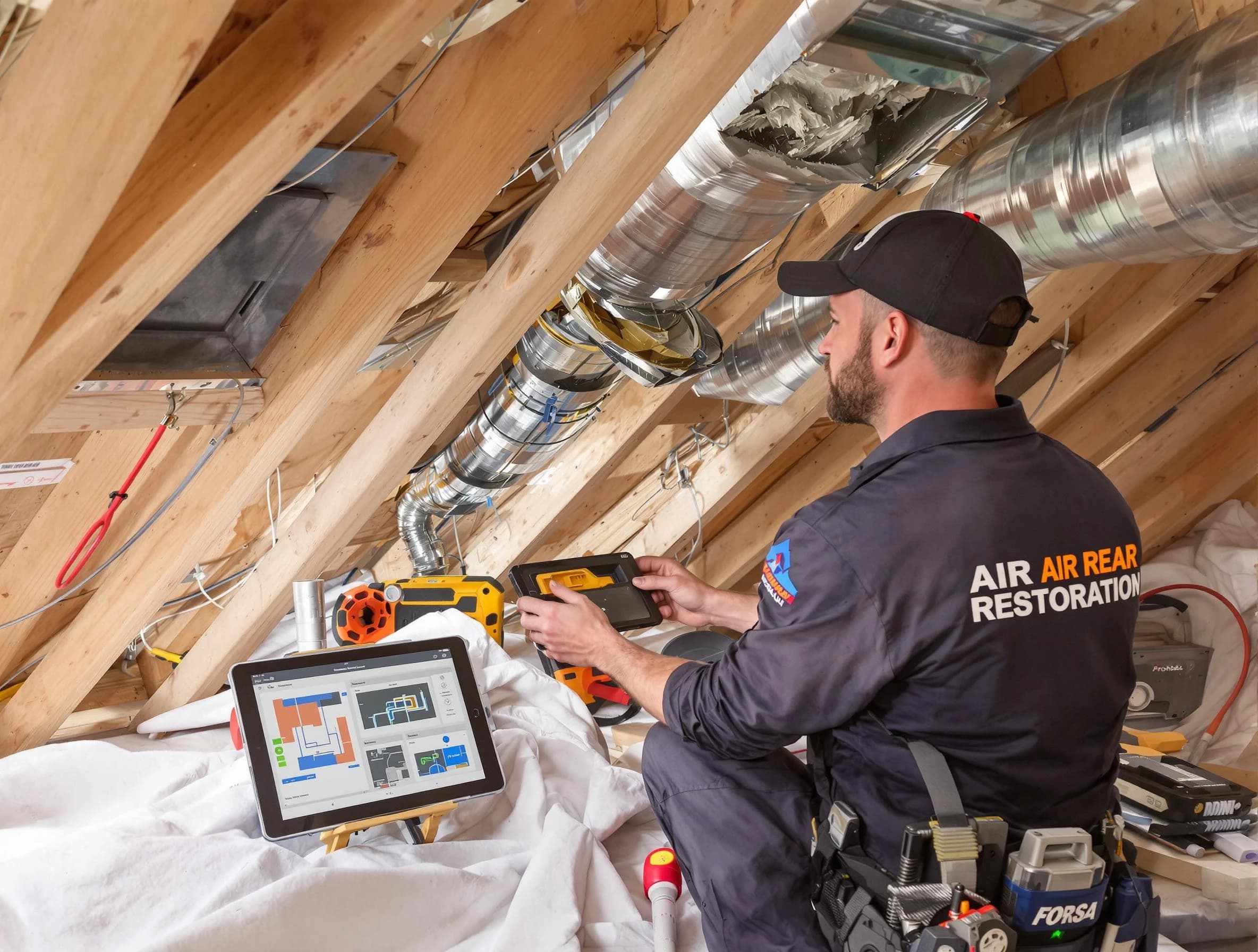 San Bernardino Air Duct Cleaning technician performing precise duct repair work in San Bernardino