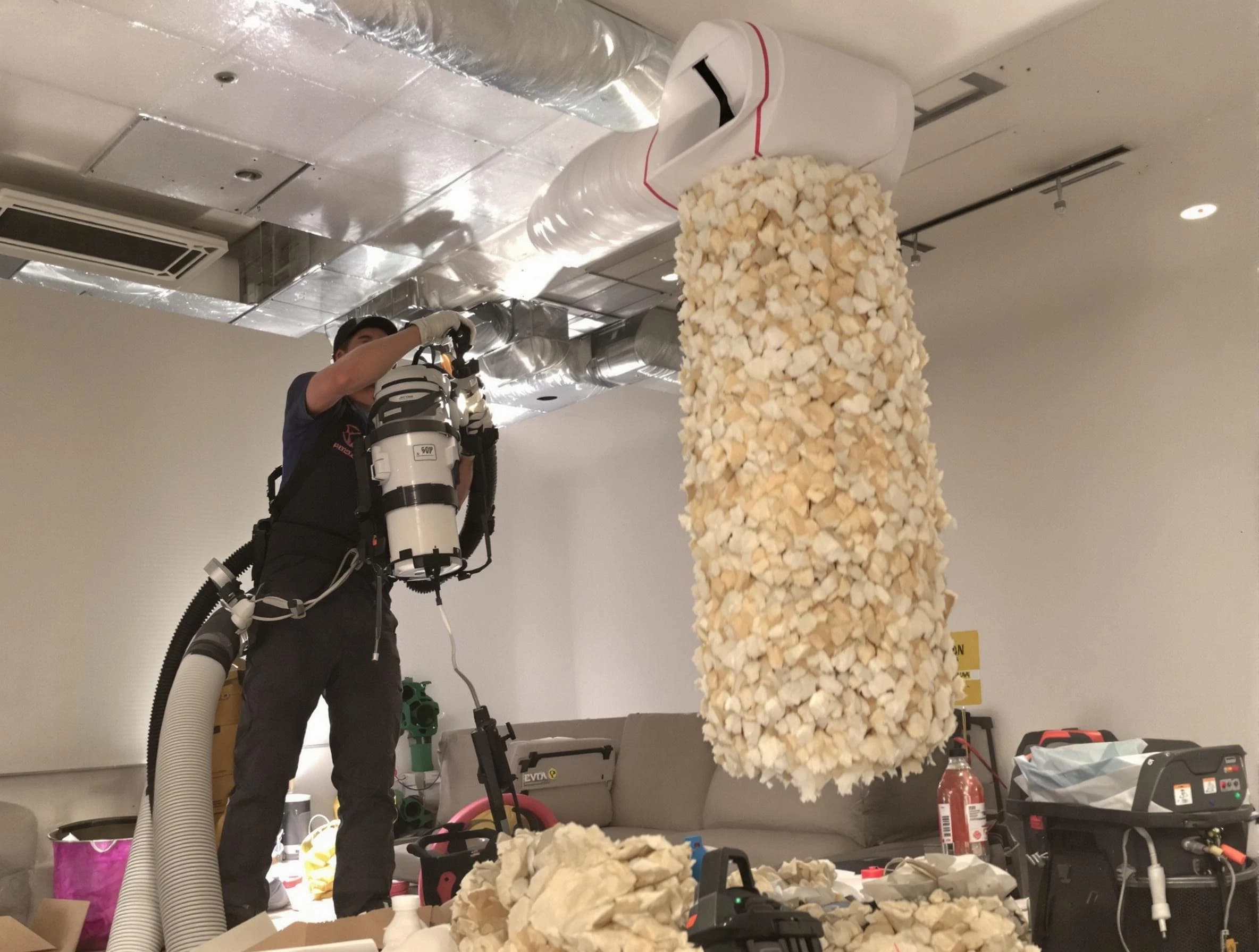 San Bernardino Air Duct Cleaning technician performing precision vacuum insulation removal in a residential property in San Bernardino