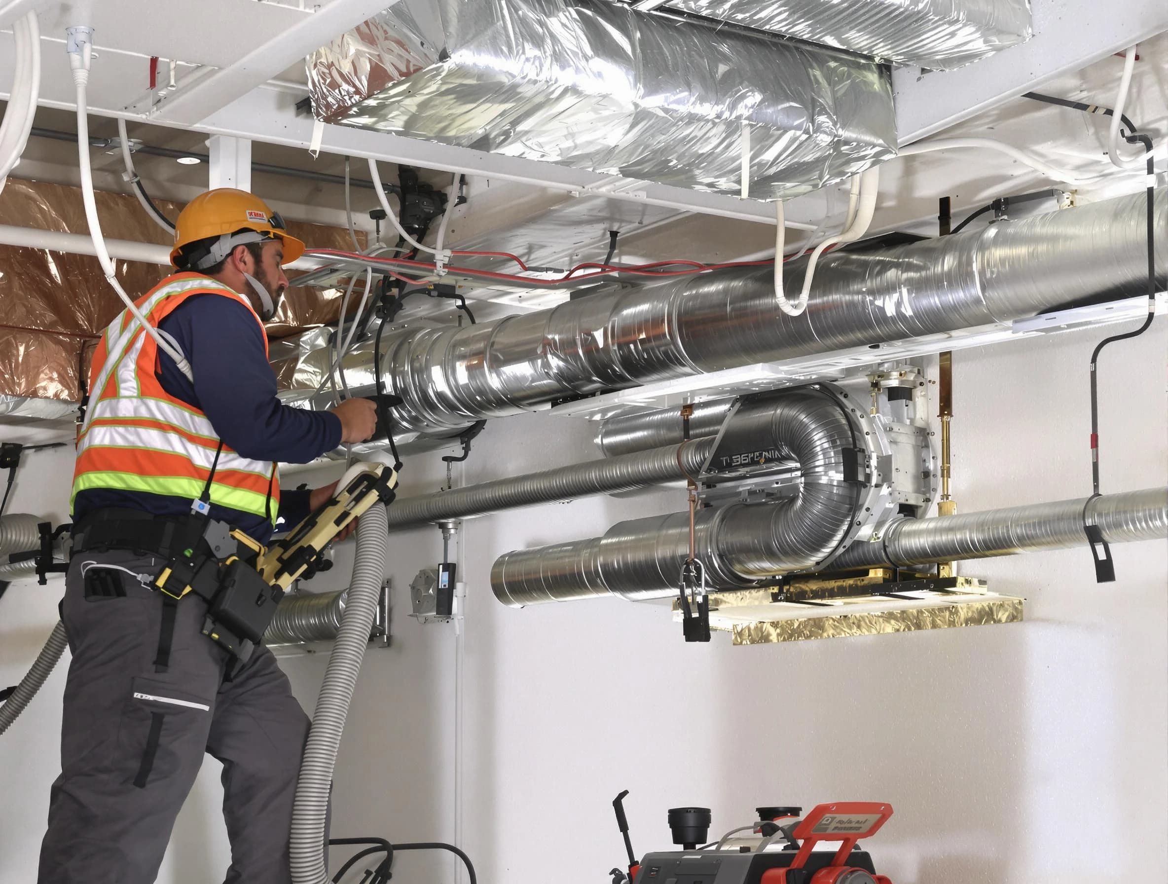 San Bernardino Air Duct Cleaning technician performing precision vacuum insulation removal in a residential property in San Bernardino